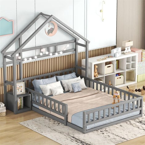 FORTUNA LAI Lit cabane 140 x 200cm pour enfant, Lit plat lit de maison avec rampe, Lits d'enfant avec chevets, Gris