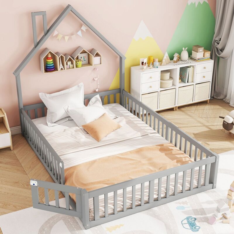 Nmonet - Lit cabane 140x190 cm, design épuré en forme de cheminée, avec sommier à lattes, barrière de sécurité, lit pour enfant - Gris