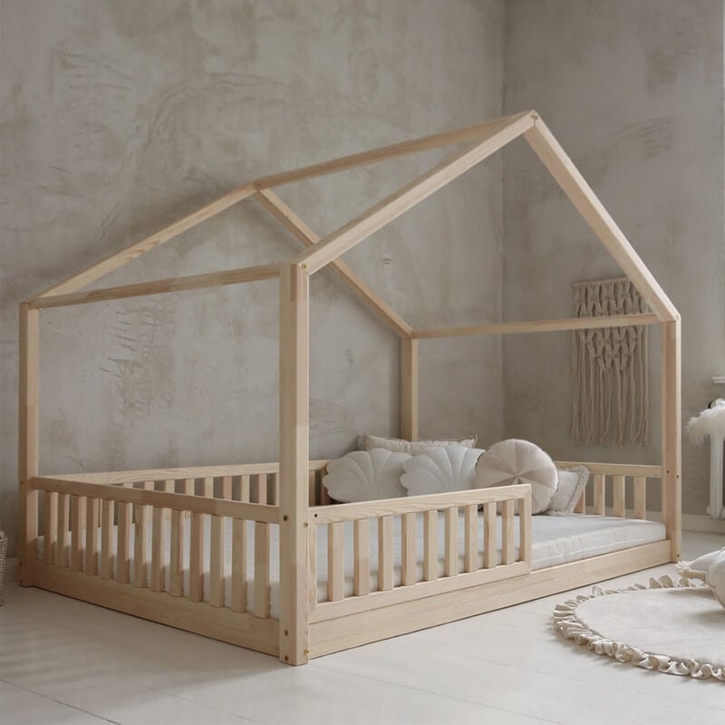 Lit cabane 140x200 barrière et sommier inclus pieds 1 cm Roxane Bois
