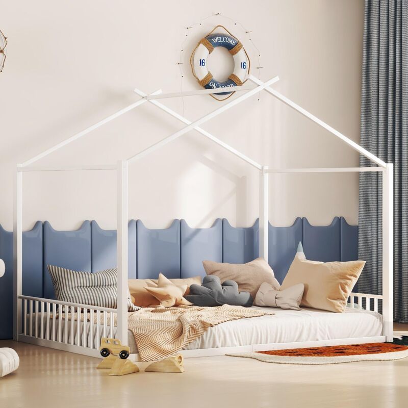 Lit cabane 140x200 cm - cadre en fer - Blanc