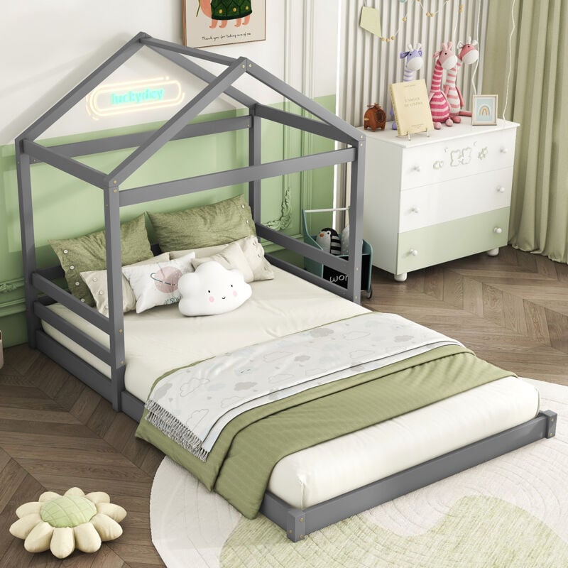 Lit cabane 140x200cm - lit enfant en forme de maison avec sommier à lattes, sans matelas - bois de pin gris