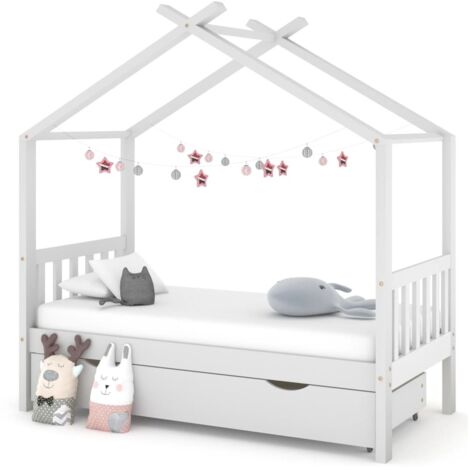 Lit cabane-80 x 160 cm, Cadre de lit d'enfant avec tiroir blanc pin massif PDKEI92982