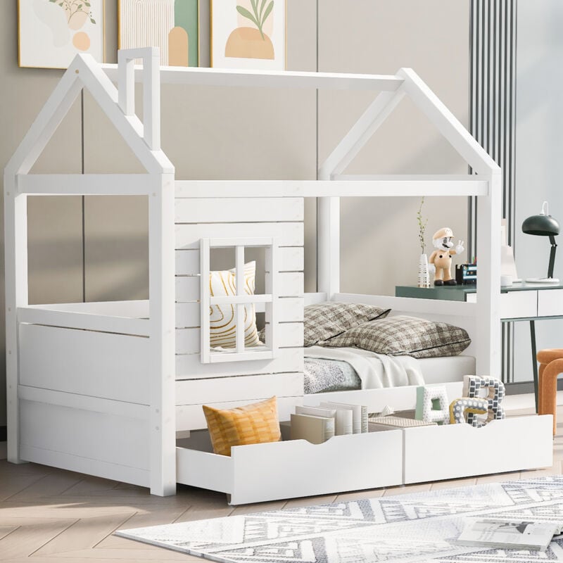Hauss Spole - Lit cabane 80x160cm, lit enfant, avec 2 tiroirs, dispositif antichute, forme maison, pin, blanc