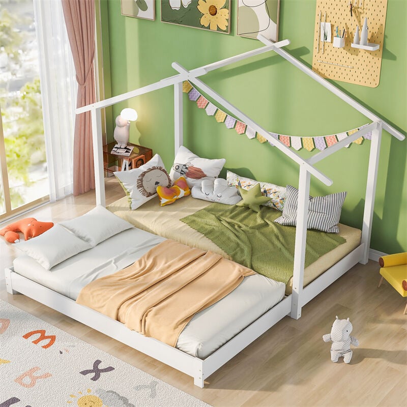 Lit cabane gigogne 90 /180 x 190cm - Lit d'enfant en bois lit simple/double lit coulissant Lit d'enfant transformable avec sommier à lattes blanc