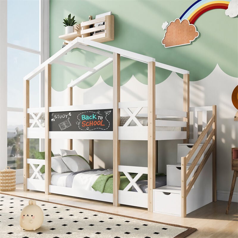 Lit cabane 90 x 200 cm - lit d'enfant avec stockage et protection contre les chutes lit surélevé pour enfants 2x sommier à lattes - naturel & blanc