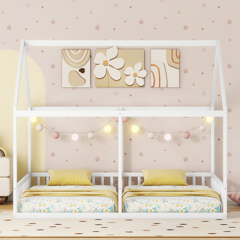 Lit cabane enfant 90 x 200 cm pour 2 personnes, blanc