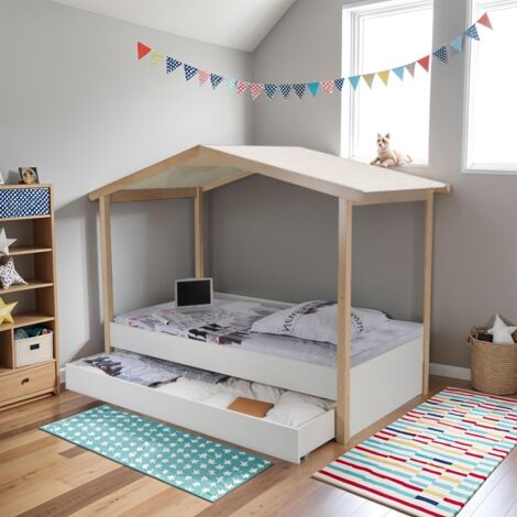 Lit cabane 90x190 avec tiroir de rangement – Toit amovible en toile polyester – Structure en tilleul massif et MDF – Charge max 80kg – Weber Industries