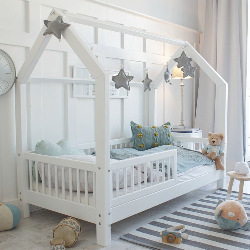 Petits-meubles - Lit cabane 90x190 barrière et sommier inclus pieds 10 cm Sofia Blanc