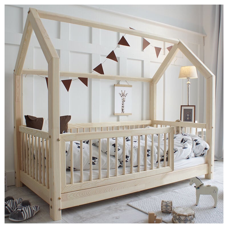 Petits-meubles - Lit cabane 90x190 barrière et sommier inclus pieds 5 cm Florie Bois