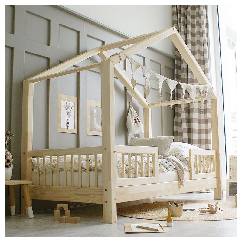 Petits-meubles - Lit cabane 90x190 barrières et sommier inclus pieds 10 cm Iris Bois