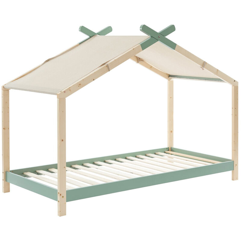 Homifab - Lit cabane 90x190 en pin massif vert avec sommier - Charly