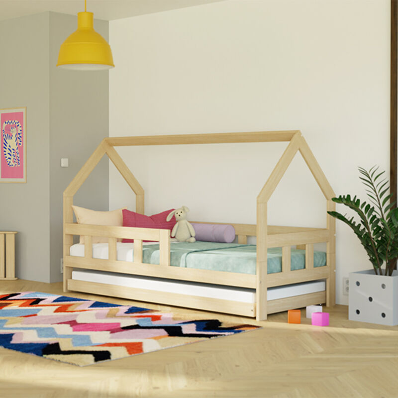 Petits-meubles - Lit cabane 90x190 sommier et lit tiroir inclus Fence - Bois