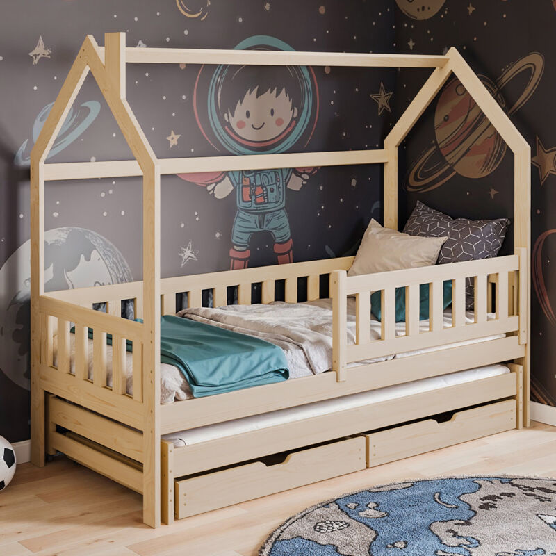 Petits-meubles - Lit cabane 90x190 sommiers lit gigogne et tiroirs Eliott Bois