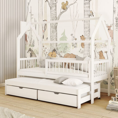 Lit cabane 90x190 sommiers lit gigogne et tiroirs Lino Blanc