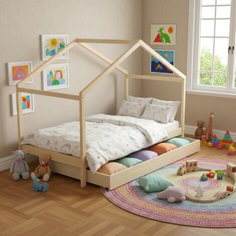 Lit cabane 90x190 tiroir de lit et sommier inclus Koala Bois