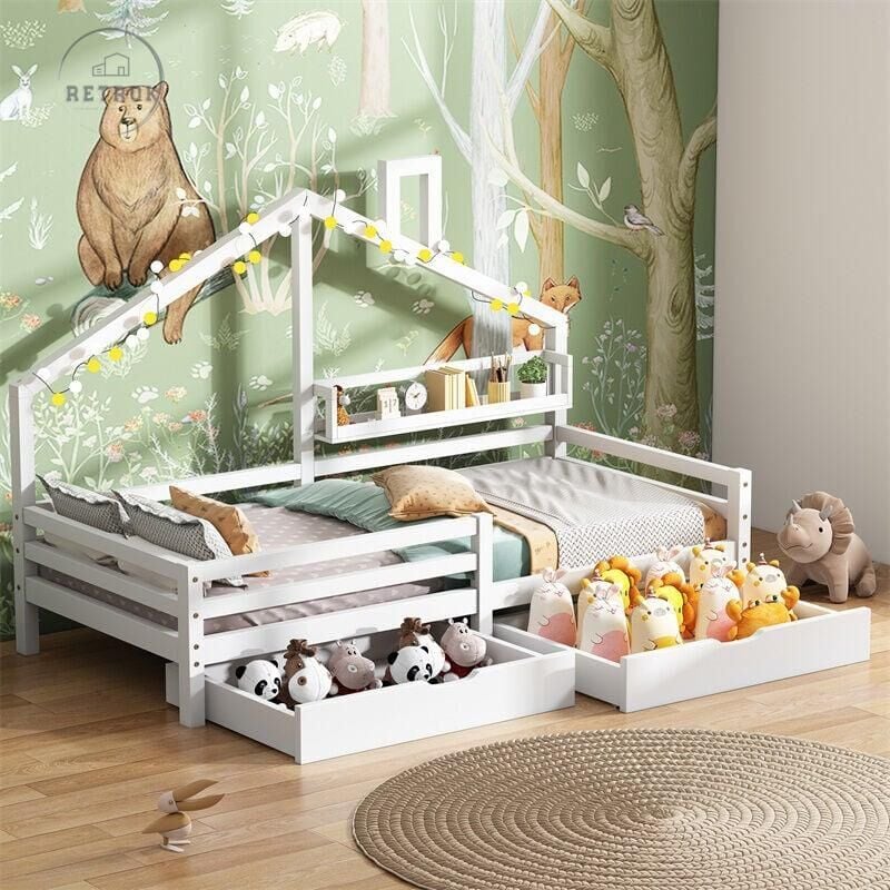 Lit cabane 90x200 Blanc avec 2 grands tiroirs - Lit de maison Lit d'enfant avec étagère en forme de cheminée pour chambre d'enfant