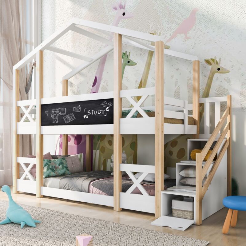 Nmonet - Lit cabane 90x200 cm, 2 places, avec tableau noir, escalier de rangement d'angle, sommier à lattes en bois massif, épissure bicolore - Blanc