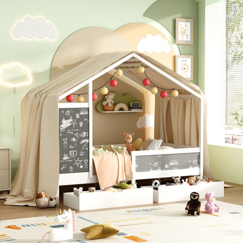 Lit cabane 90x200 cm avec barrière de sécurité, 2 tiroirs de rangement, 2 tableaux noirs, sommier à lattes, cadre de lit, lit simple en bois massif,