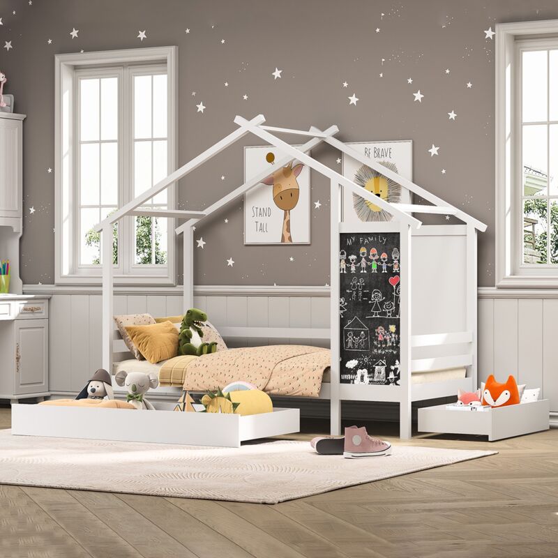 Lit cabane 90x200 cm avec 2 tiroirs, planche à dessin, sommier à lattes en bois, toit, clôture de sécurité, lit simple en forme de maison - Blanc