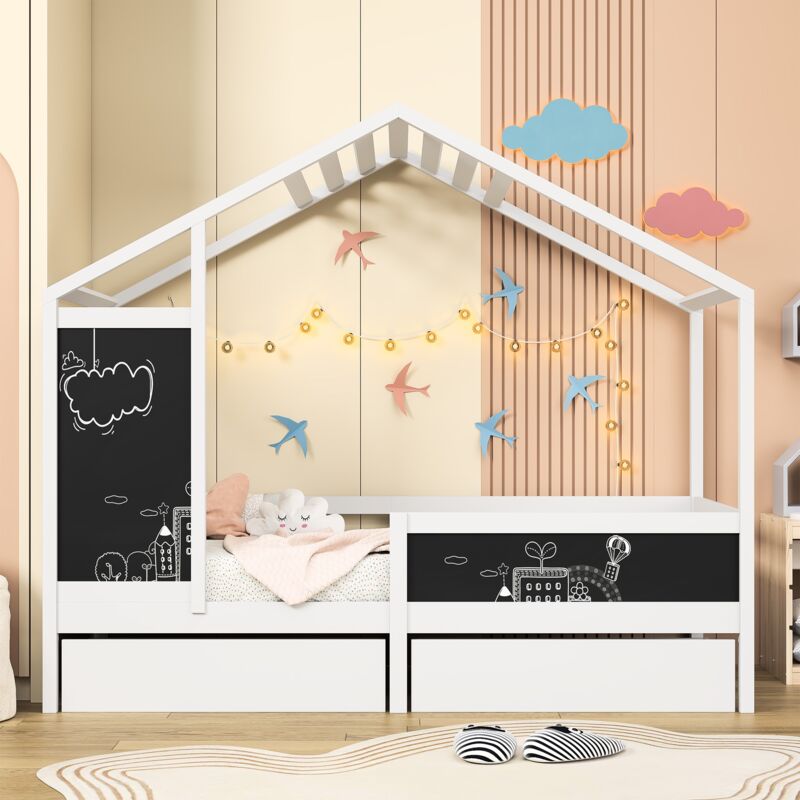Lit cabane 90x200 cm avec 2 tiroirs, tableau noir, étagères de rangement, sommier à lattes - Blanc