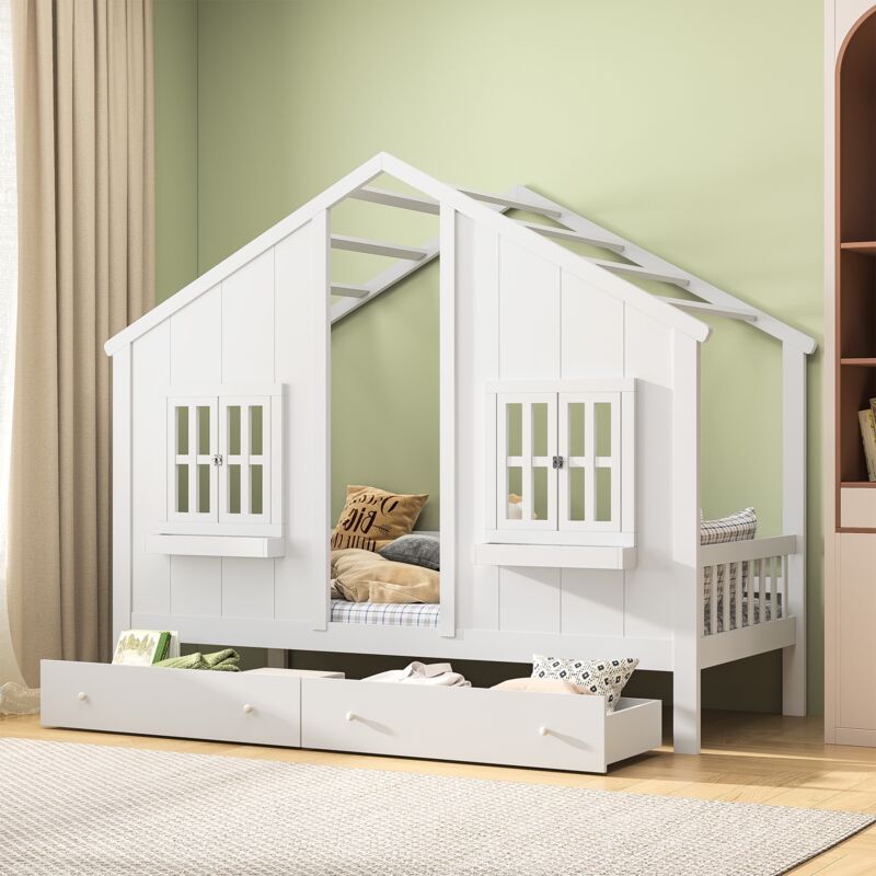 Dans Les Nuages - Lit cabane 90x200 cm, avec 2tiroir de rangement, 2 fenêtres décoratives, sommier à lattes en bois, barrière de sécurité, lit enfant