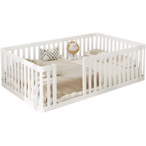 Lit cabane 90x200 cm avec barrières style clôture, design sécurisé pour chambre enfant, structure bois blanc