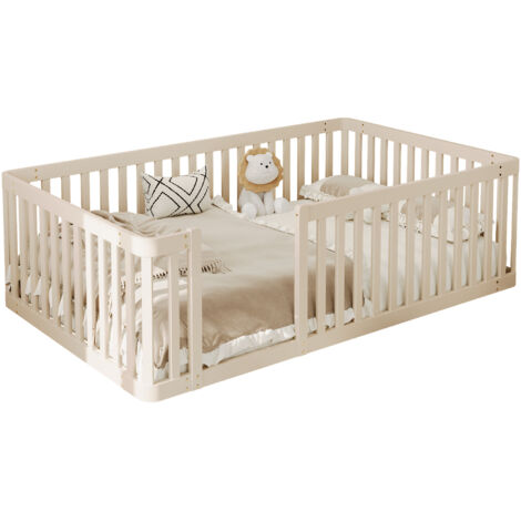 Lit cabane 90x200 cm avec barrières style clôture, design sécurisé pour chambre enfant, structure crème