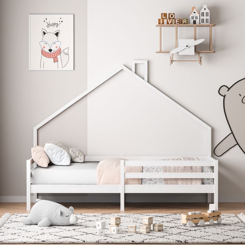 Lit cabane 90x200 cm avec sommier à lattes, clôture de sécurité, toit en Forme de triangulaire, lit enfants en bois - Blanc