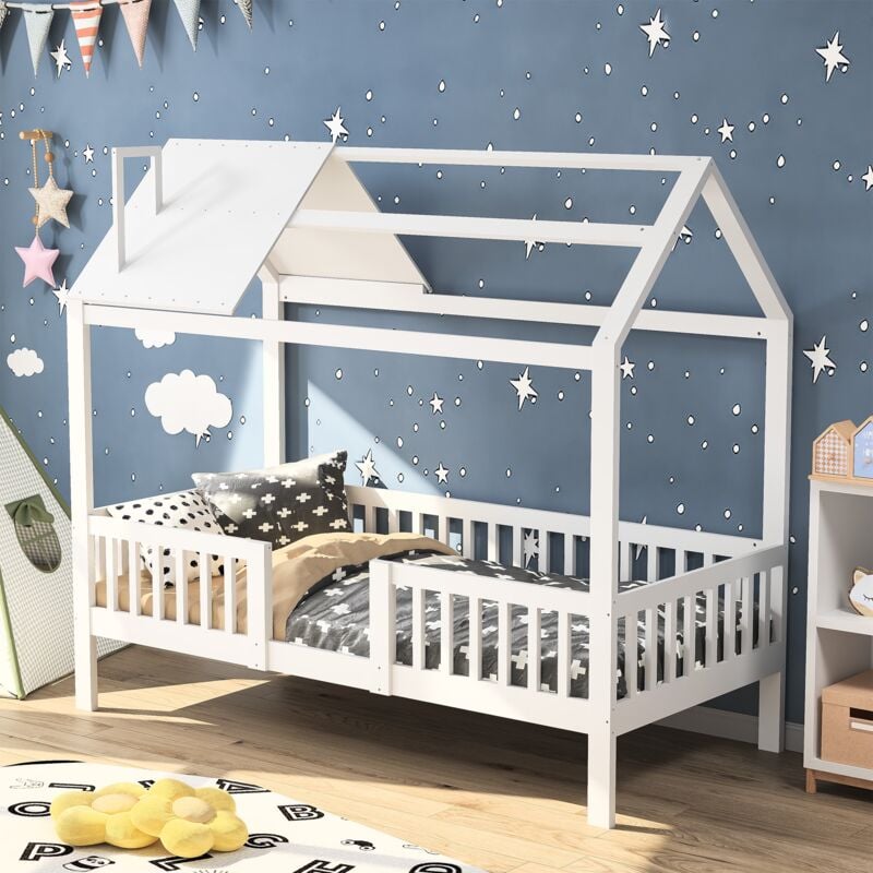 Lit cabane 90x200 cm avec sommier à lattes en bois, toit, clôture de sécurité, lit simple en forme de maison en pin - Blanc