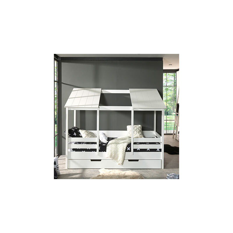 Lit cabane 90x200 cm avec tiroir en pin blanc - hutty