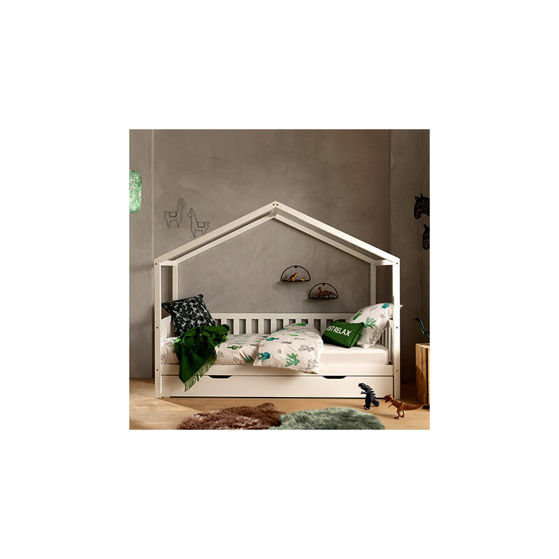 Lit cabane 90x200 cm avec tiroir en pin blanc - roody
