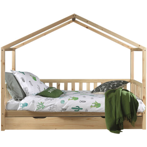 Lit cabane 90x200 cm avec tiroir en pin naturel - ROODY