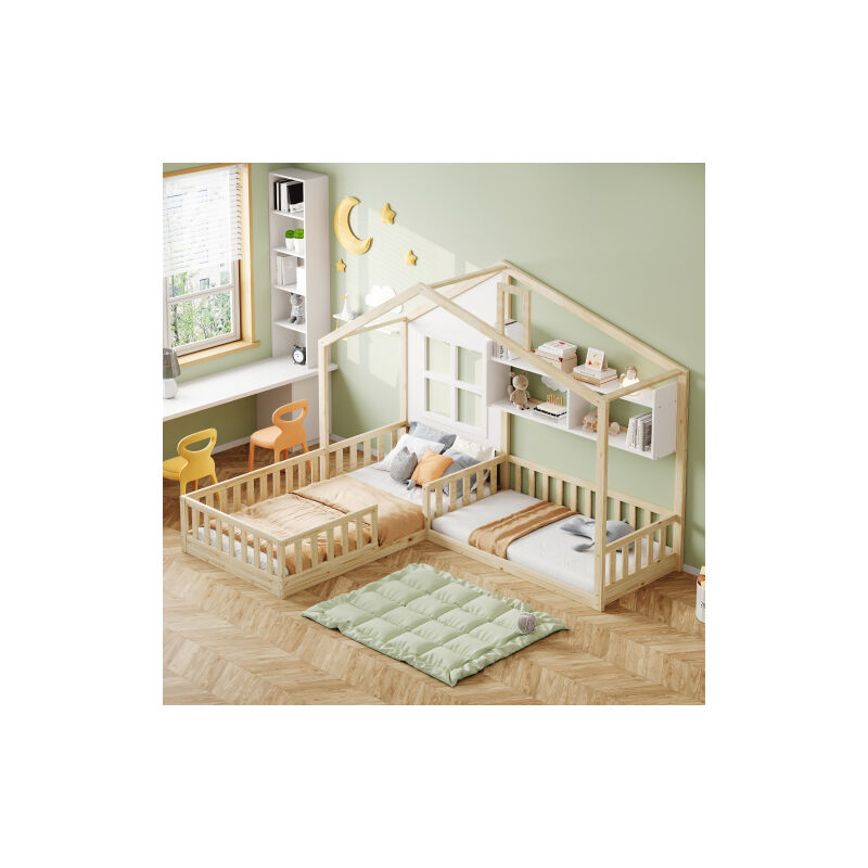 Wishdor - Lit cabane 90x200 cm et 70x140 cm, lit enfant avec fenêtre et cheminée, étagères, parc, sans matelas, blanc et bois naturel