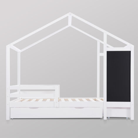 Lit cabane 90x200 cm, Lit enfant, lit en bois avec tableau et 2 tiroirs, bois massif avec barrière et sommier, blanc
