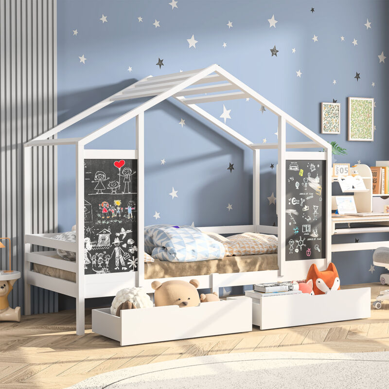 Lit cabane 90x200 cm,lit enfant avec deux tiroirs, deux tableau noir,bois massif, blanc