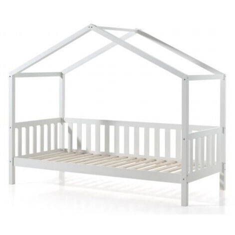 Lit cabane 90x200 et sommier pin massif blanc Bali