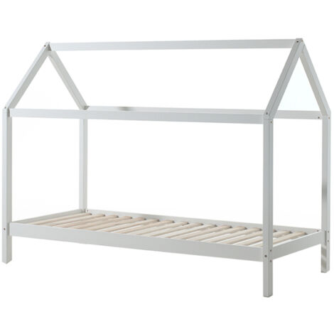 Lit cabane 90x200 et sommier pin massif blanc Kali
