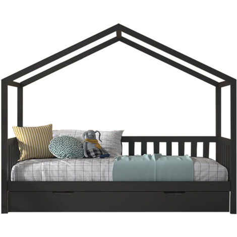 Lit cabane 90x200 sommier et tiroir inclus Vipack Dallas Anthracite