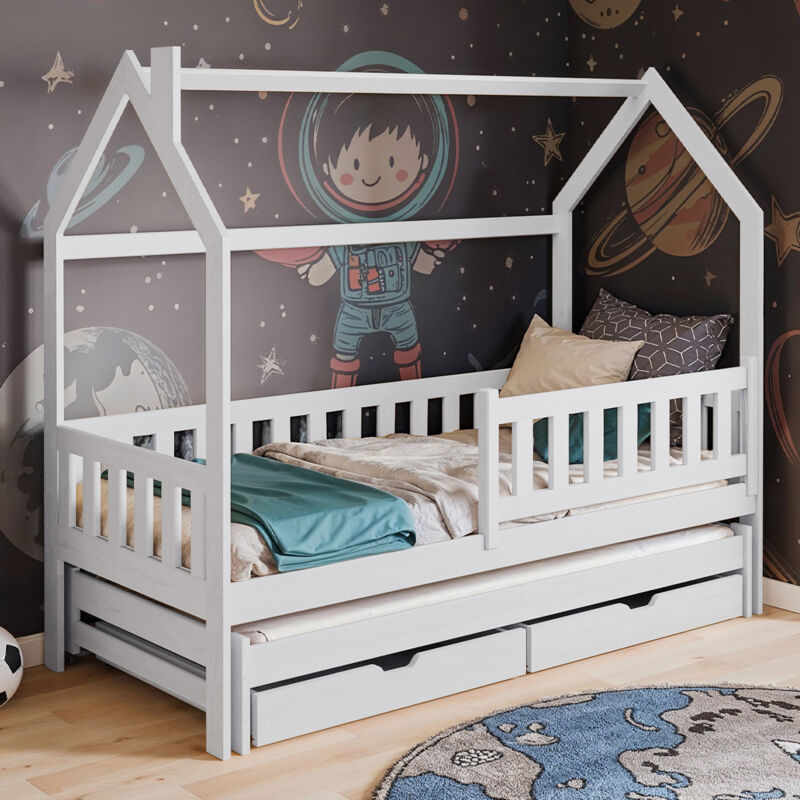 Petits-meubles - Lit cabane 90x200 sommiers lit gigogne et tiroirs Eliott Blanc