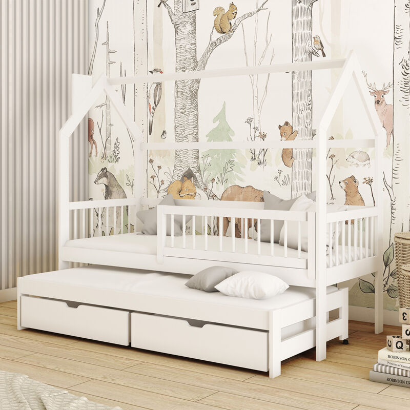 Petits-meubles - Lit cabane 90x200 sommiers lit gigogne et tiroirs Lino Blanc