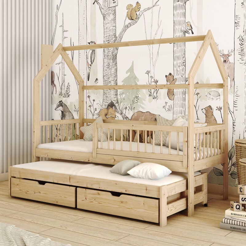 Petits-meubles - Lit cabane 90x200 sommiers lit gigogne et tiroirs Lino Bois