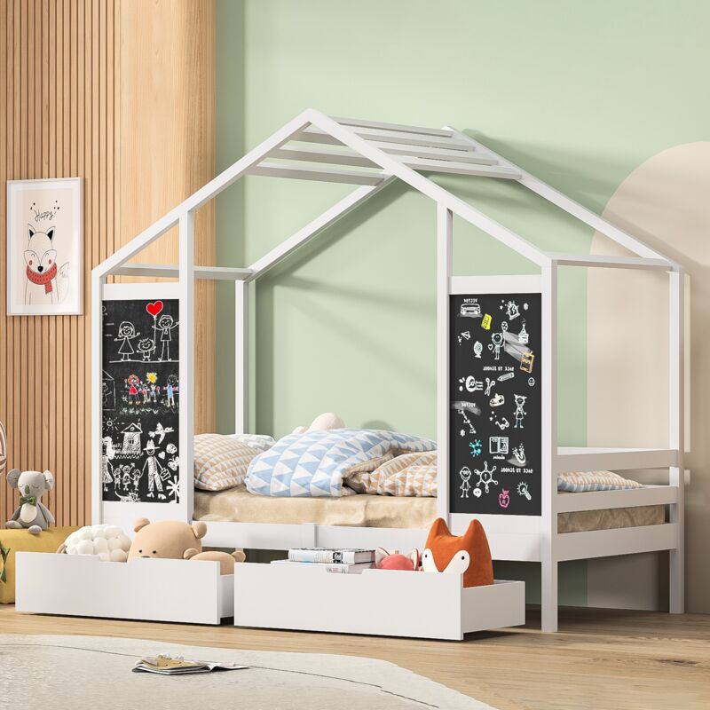 Lit cabane 90x200 cm, avec 2 tableau noir, 2 tiroirs, sommier à lattes en bois, toit, clôture de sécurité, lit simple au sol en forme de maison