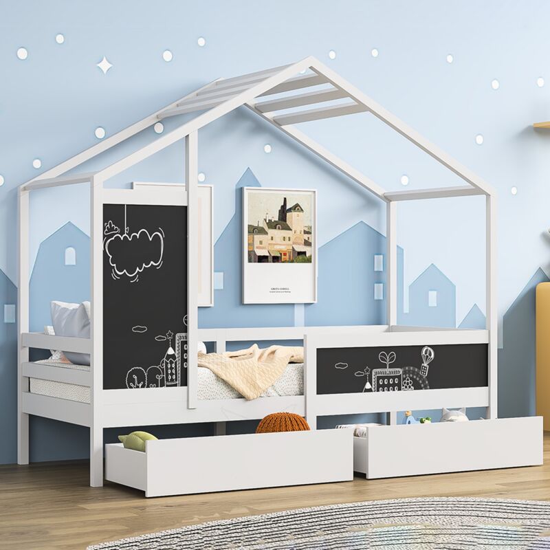 Lit cabane 90x200 cm, avec 2 tiroirs, 2 tableau noir, sommier à lattes en bois, toit, clôture de sécurité, lit simple au sol en forme de maison