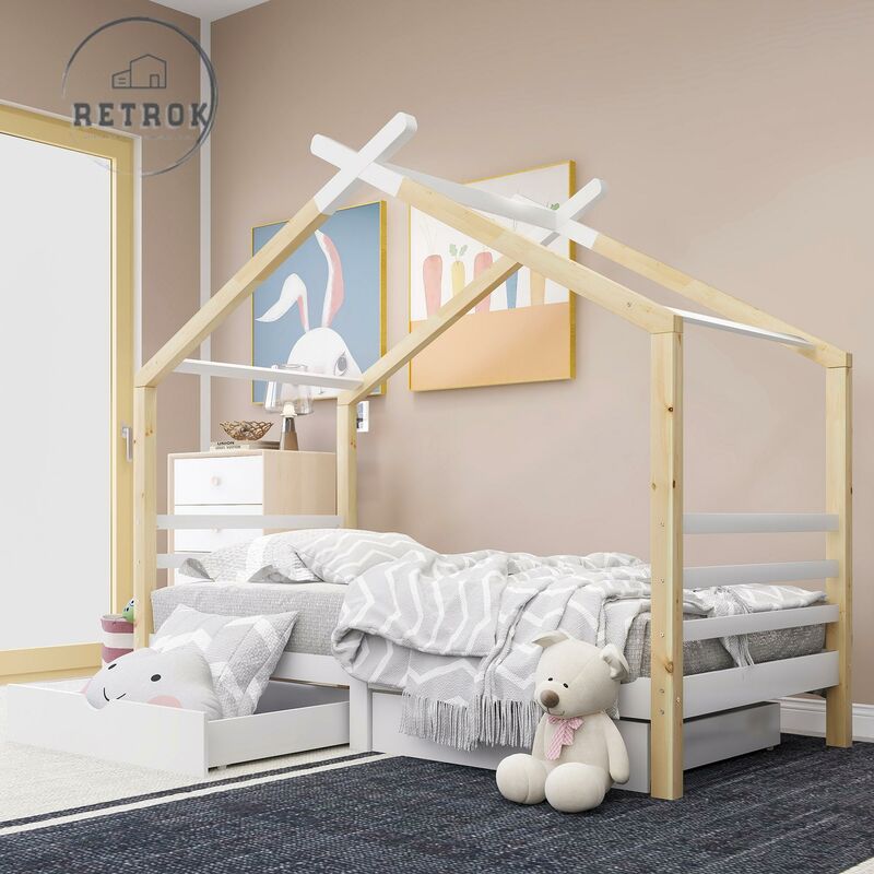 Retrok - Lit cabane enfant 90x200cm - Bois massif - Tiroirs - Blanc + naturel