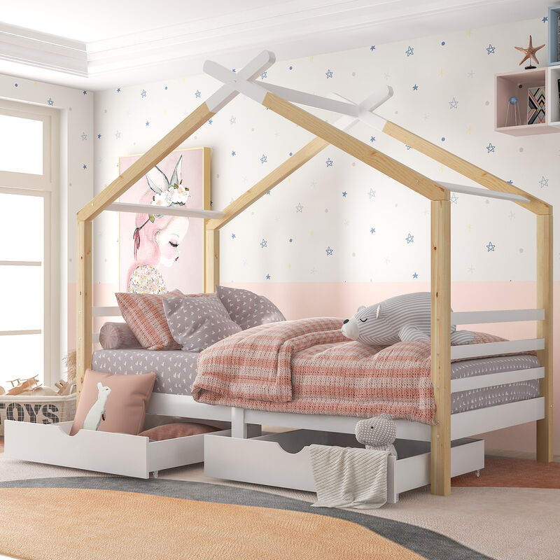 Merax - Lit cabane 90x200cm avec 2 tiroirs, Lit enfant, bois massif avec sommier à lattes, chambre enfants et jeunes, blanc - beige