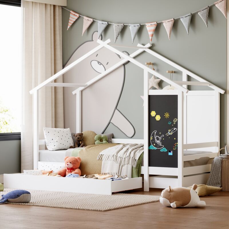 Lit cabane 90x200 cm, avec 2 tiroirs, planche à dessin, sommier à lattes en bois, toit, clôture de sécurité, lit simple en forme de maison - Blanc
