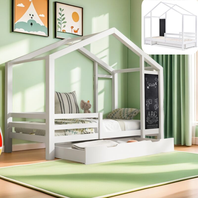 Lit cabane 90x200 cm, avec 2 tiroirs, tableau noir, sommier à lattes en bois, toit, clôture de sécurité, lit simple en forme de maison - Blanc