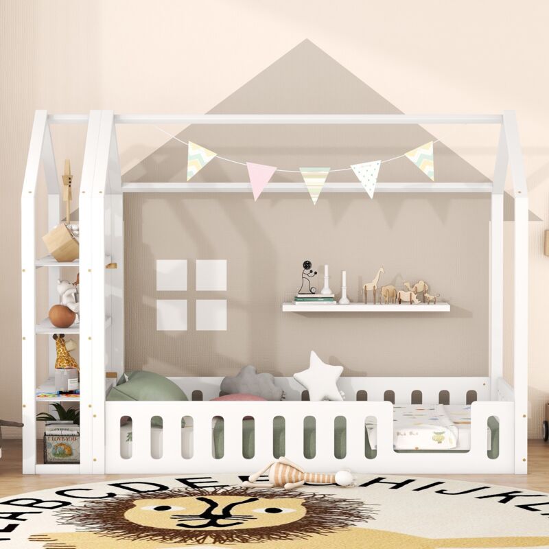 Dans Les Nuages - Lit cabane 90x200 cm, avec 3 étagères de rangement, sommier à lattes en bois massif, garde-corps, lit enfant en forme de maison