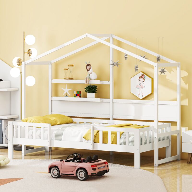 Lit cabane 90x200cm, avec sommier à lattes en bois massif, 2 étagère, barrière de sécurité, forme de la maison, lit enfant - Blanc - Blanc