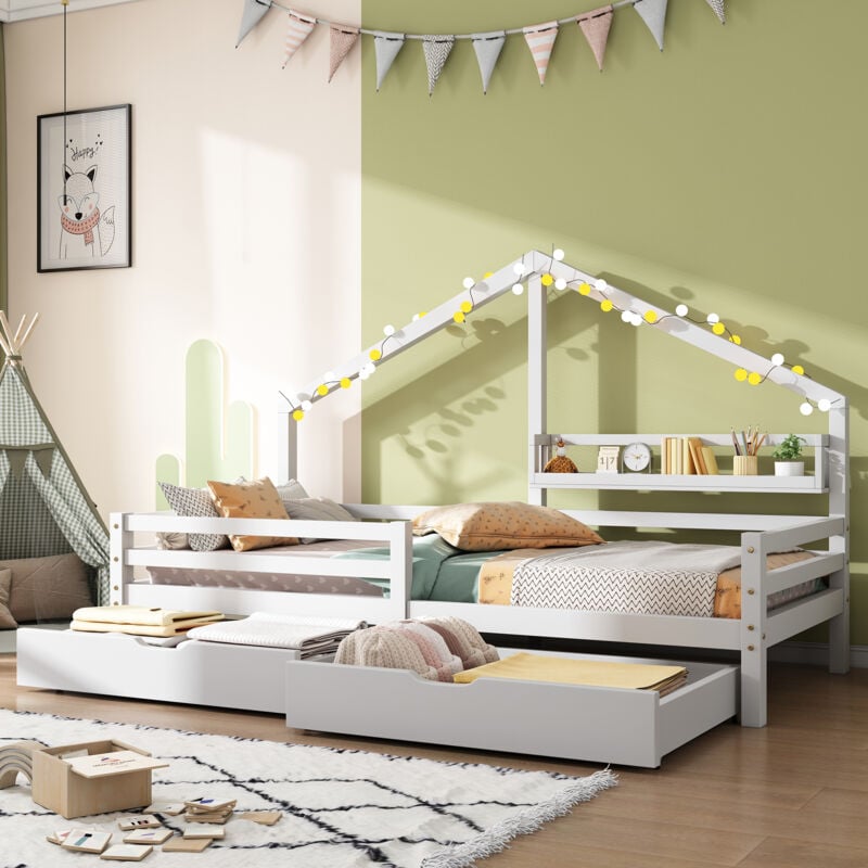 Modernluxe - Lit cabane 90x200cm en bois massif - avec étagères et 2 tiroirs - Blanc